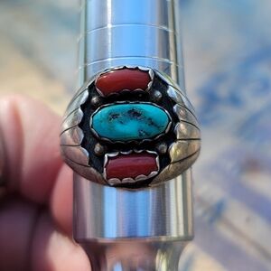 Sterling Silver Turquoise & Red Coral Native Ring
